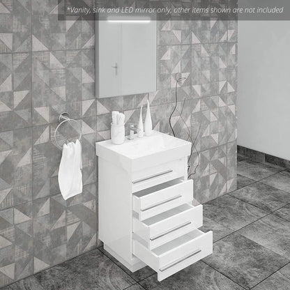 Casa Mare Domenico 24" Glossy White Bathroom Vanity and Ceramic Sink Combo With LED Mirror