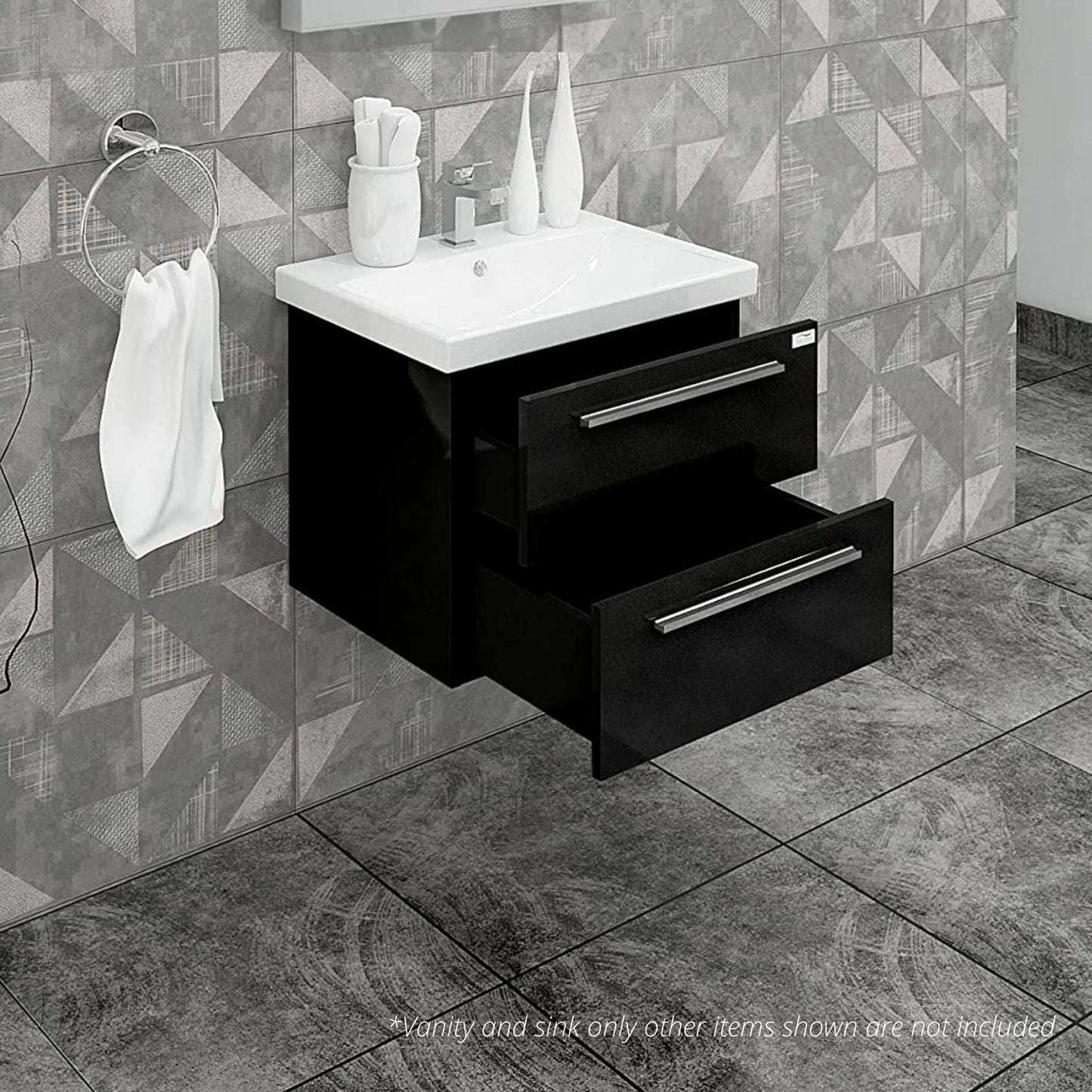 Casa Mare Elke 24" Glossy Black Wall-Mounted Bathroom Vanity and Ceramic Sink Combo