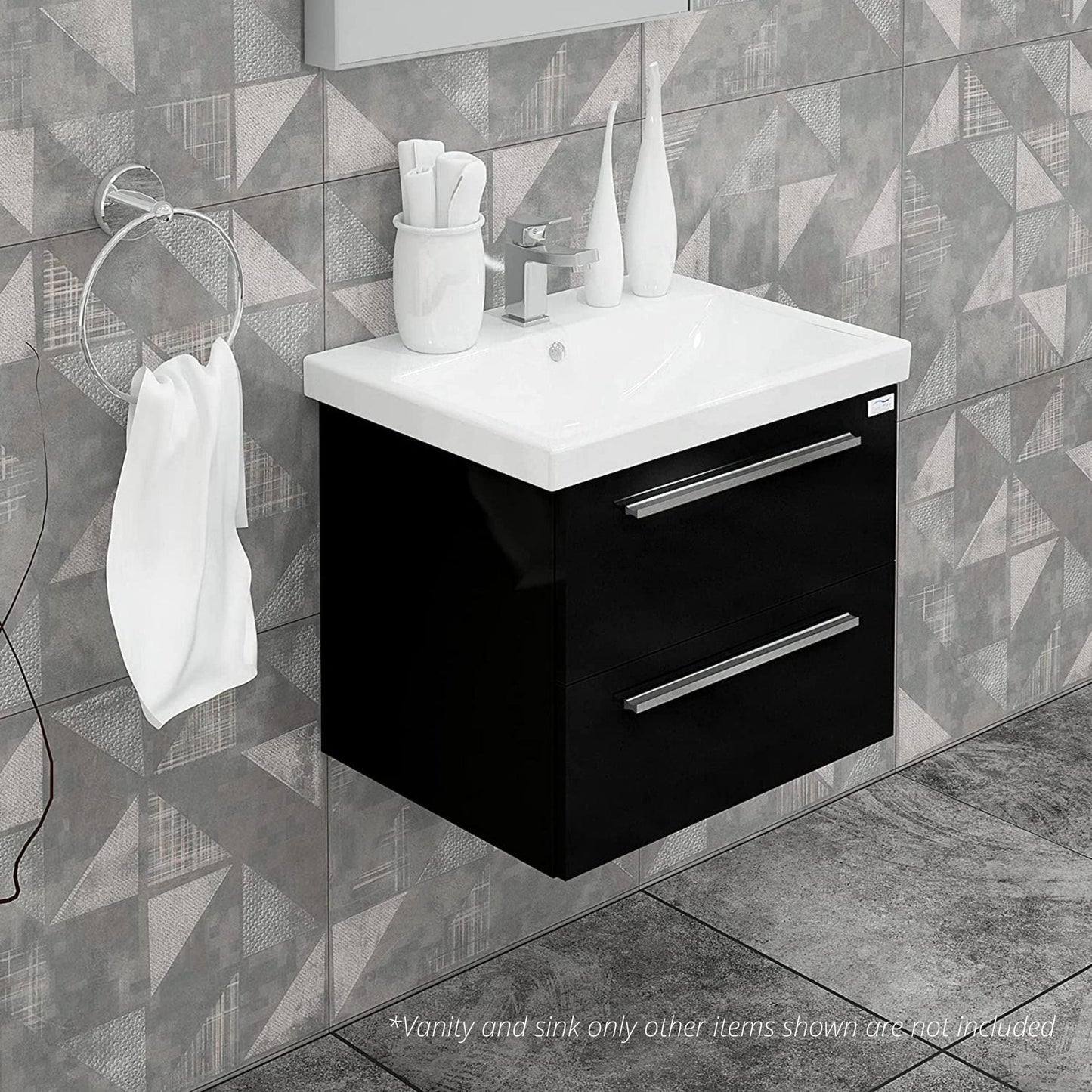 Casa Mare Elke 24" Glossy Black Wall-Mounted Bathroom Vanity and Ceramic Sink Combo With LED Mirror
