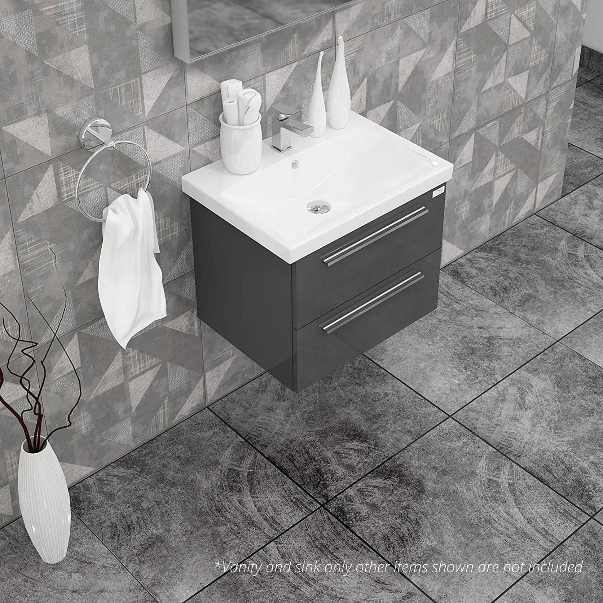 Casa Mare Elke 24" Glossy Gray Wall-Mounted Bathroom Vanity and Ceramic Sink Combo