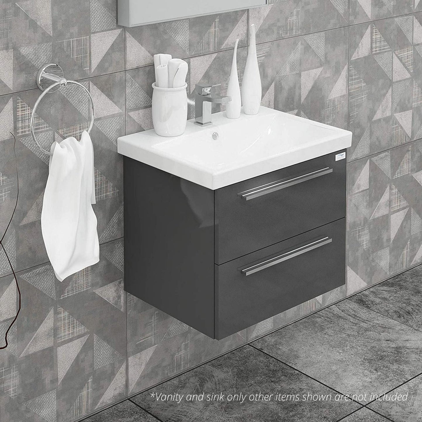 Casa Mare Elke 24" Glossy Gray Wall-Mounted Bathroom Vanity and Ceramic Sink Combo With LED Mirror