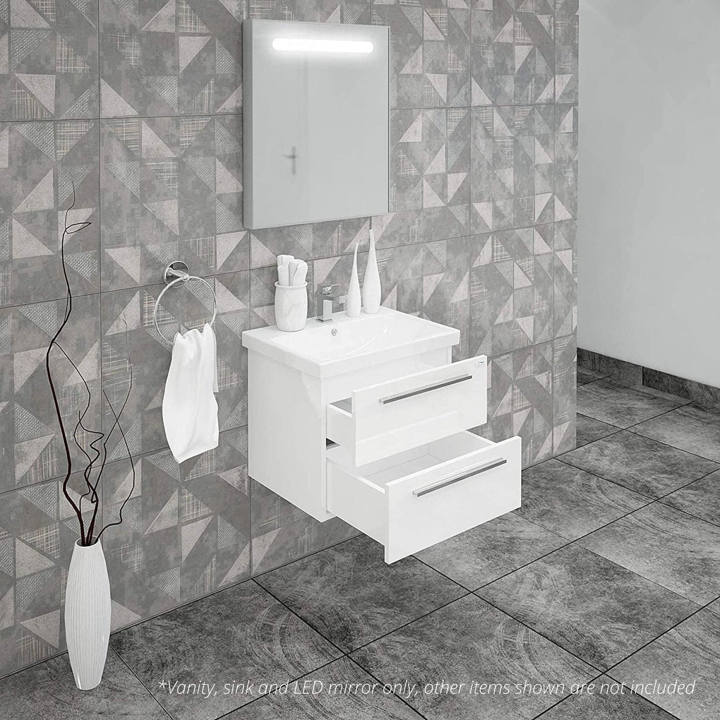 Casa Mare Elke 24" Glossy White Wall-Mounted Bathroom Vanity and Ceramic Sink Combo With LED Mirror
