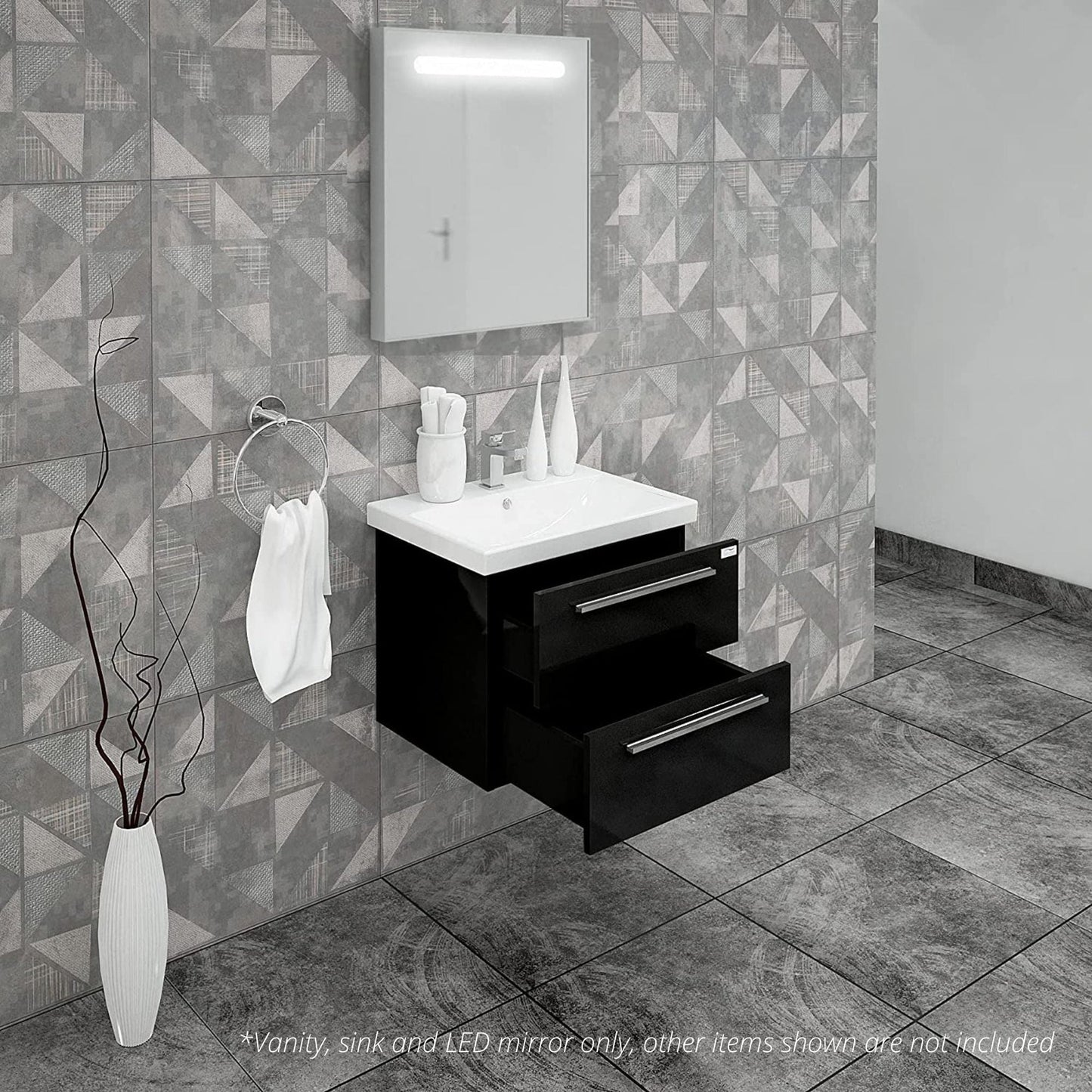 Casa Mare Elke 32" Glossy Black Wall-Mounted Bathroom Vanity and Ceramic Sink Combo With LED Mirror