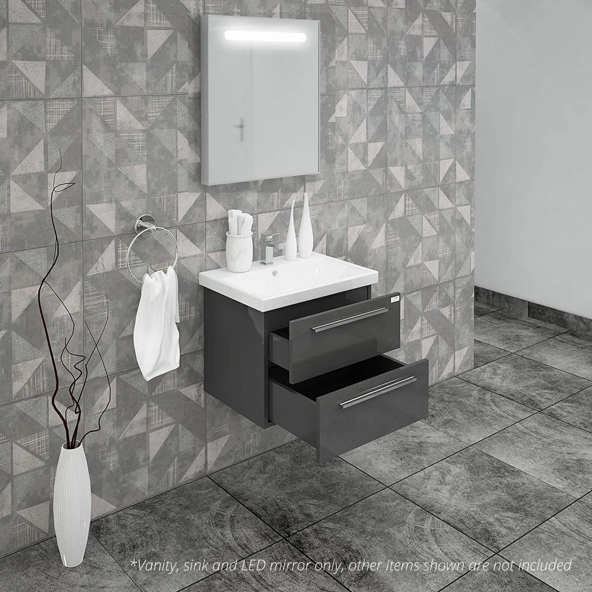 Casa Mare Elke 32" Glossy Gray Wall-Mounted Bathroom Vanity and Ceramic Sink Combo With LED Mirror