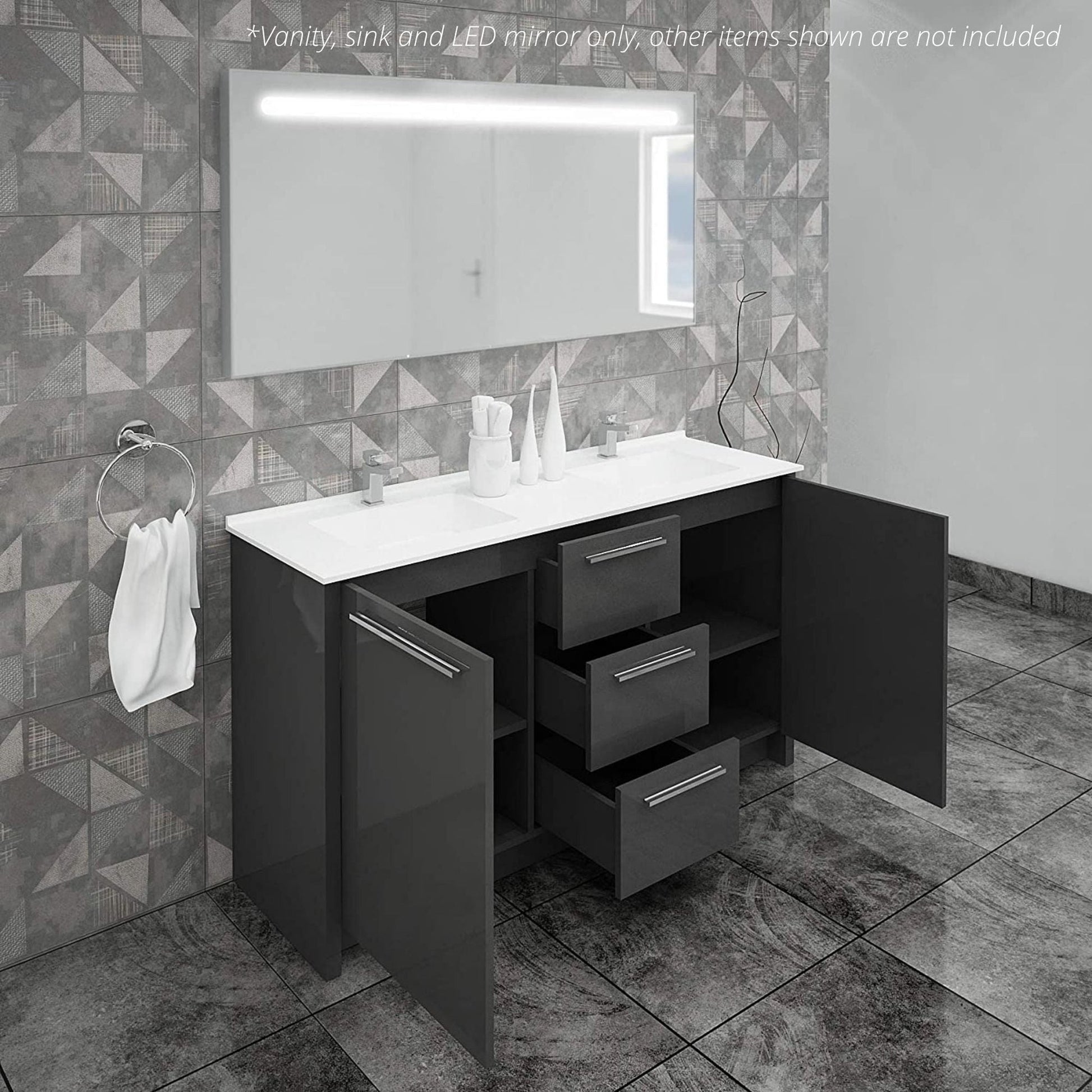 Casa Mare Nona 60" Glossy Gray Bathroom Vanity and Acrylic Double Sink Combo with LED Mirror
