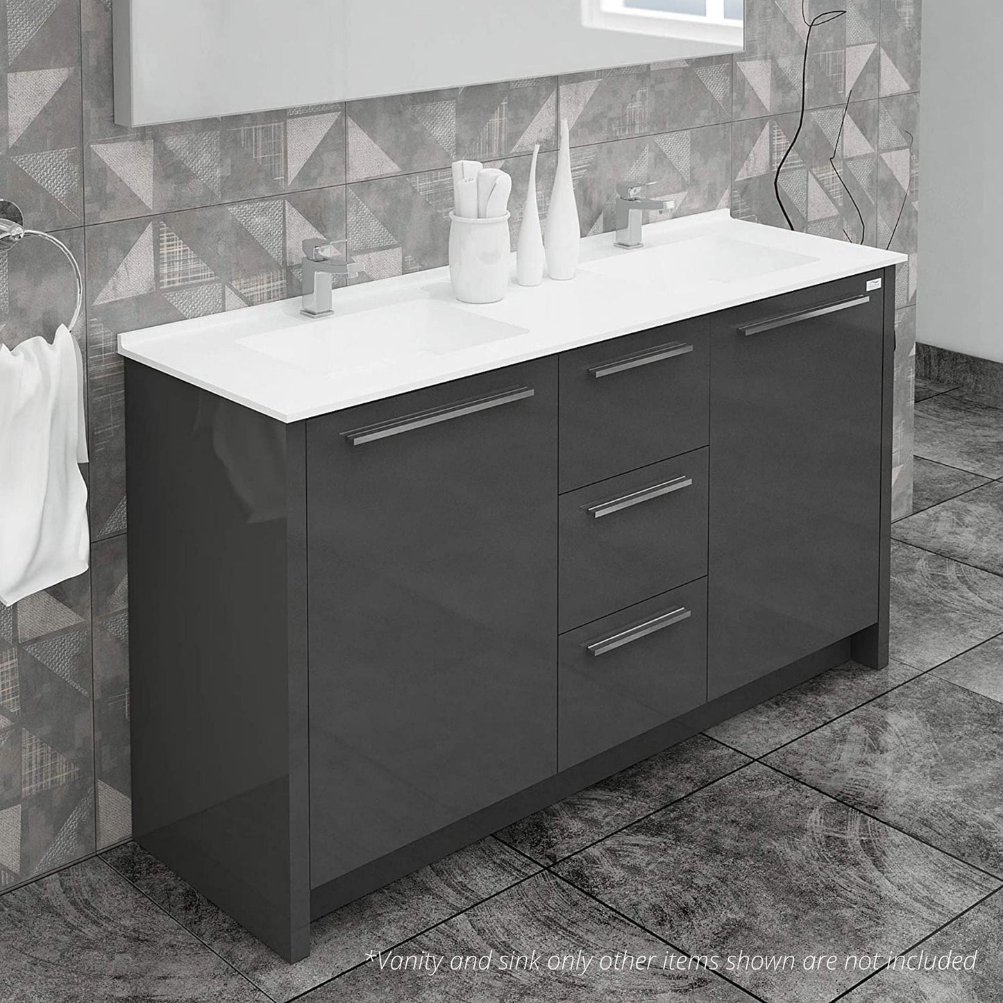 Casa Mare Nona 60" Glossy Gray Bathroom Vanity and Acrylic Double Sink Combo with LED Mirror