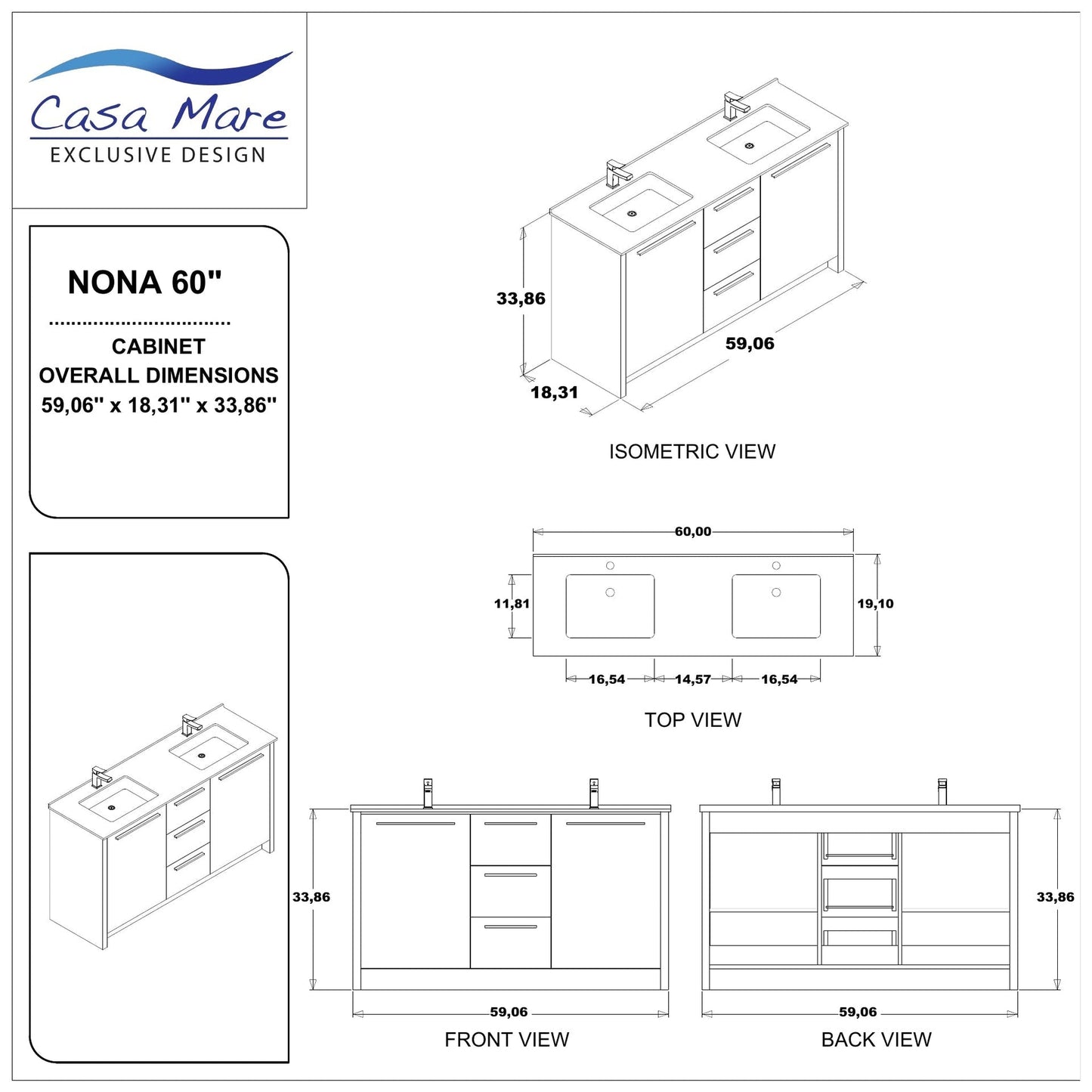 Casa Mare Nona 60" Glossy White Bathroom Vanity and Acrylic Double Sink Combo