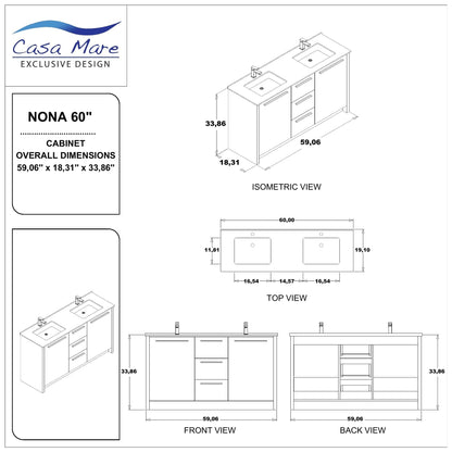 Casa Mare Nona 60" Glossy White Bathroom Vanity and Acrylic Double Sink Combo