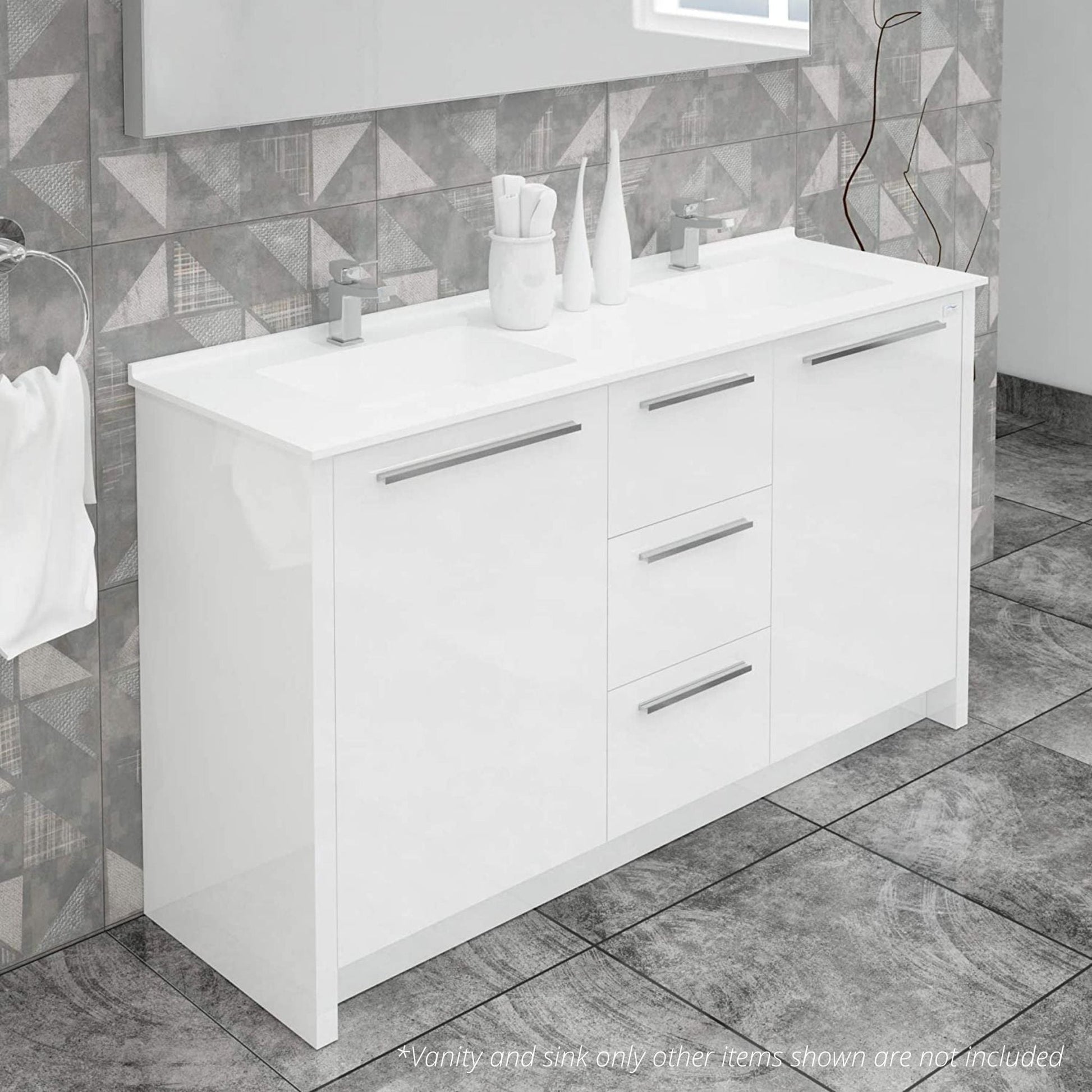 Casa Mare Nona 60" Glossy White Bathroom Vanity and Acrylic Double Sink Combo with LED Mirror