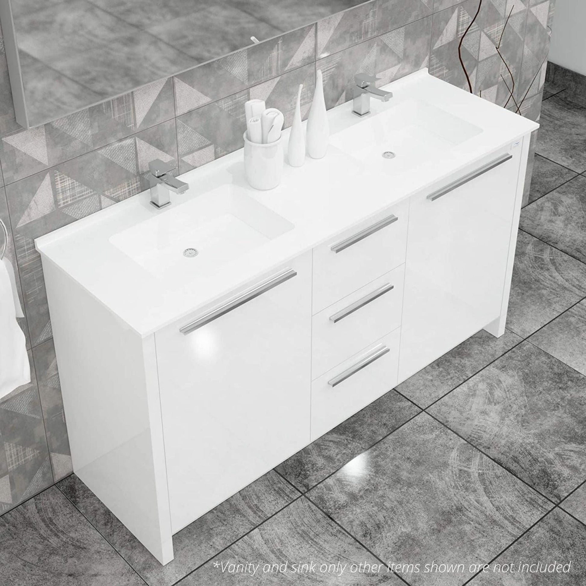 Casa Mare Nona 60" Glossy White Bathroom Vanity and Acrylic Double Sink Combo with LED Mirror