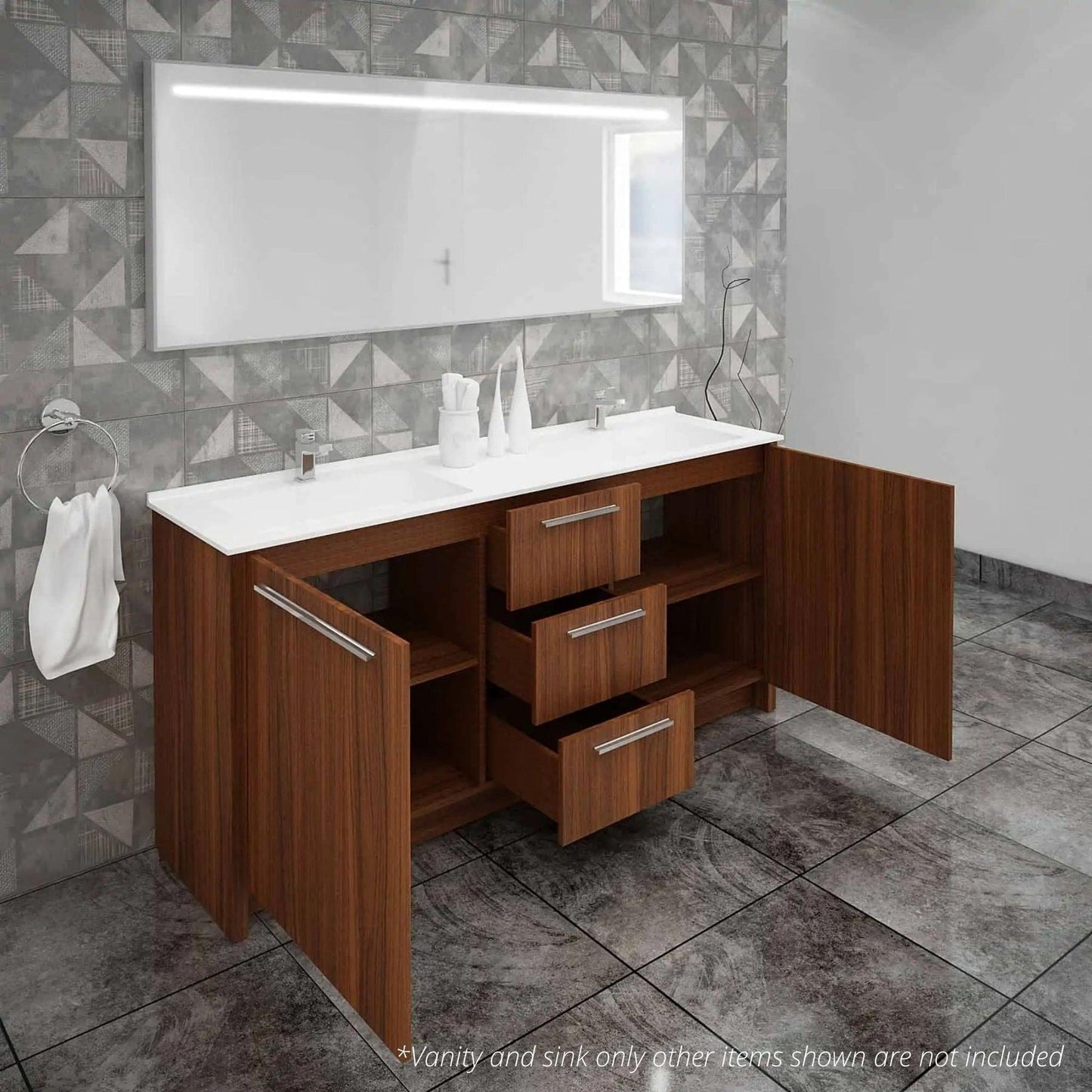 Casa Mare Nona 60" Matte Walnut Bathroom Vanity and Acrylic Double Sink Combo