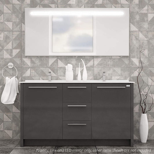Casa Mare Nona 71" Glossy Gray Bathroom Vanity and Acrylic Double Sink Combo with LED Mirror