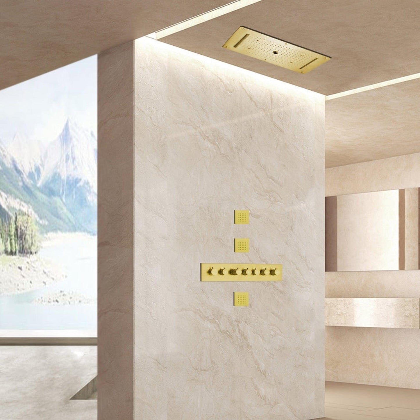 Casoria Brushed Gold Recessed LED Ceiling Mounted Waterfall Mist Rainfall Shower System With Hand Shower and 3-Jet Body Sprays