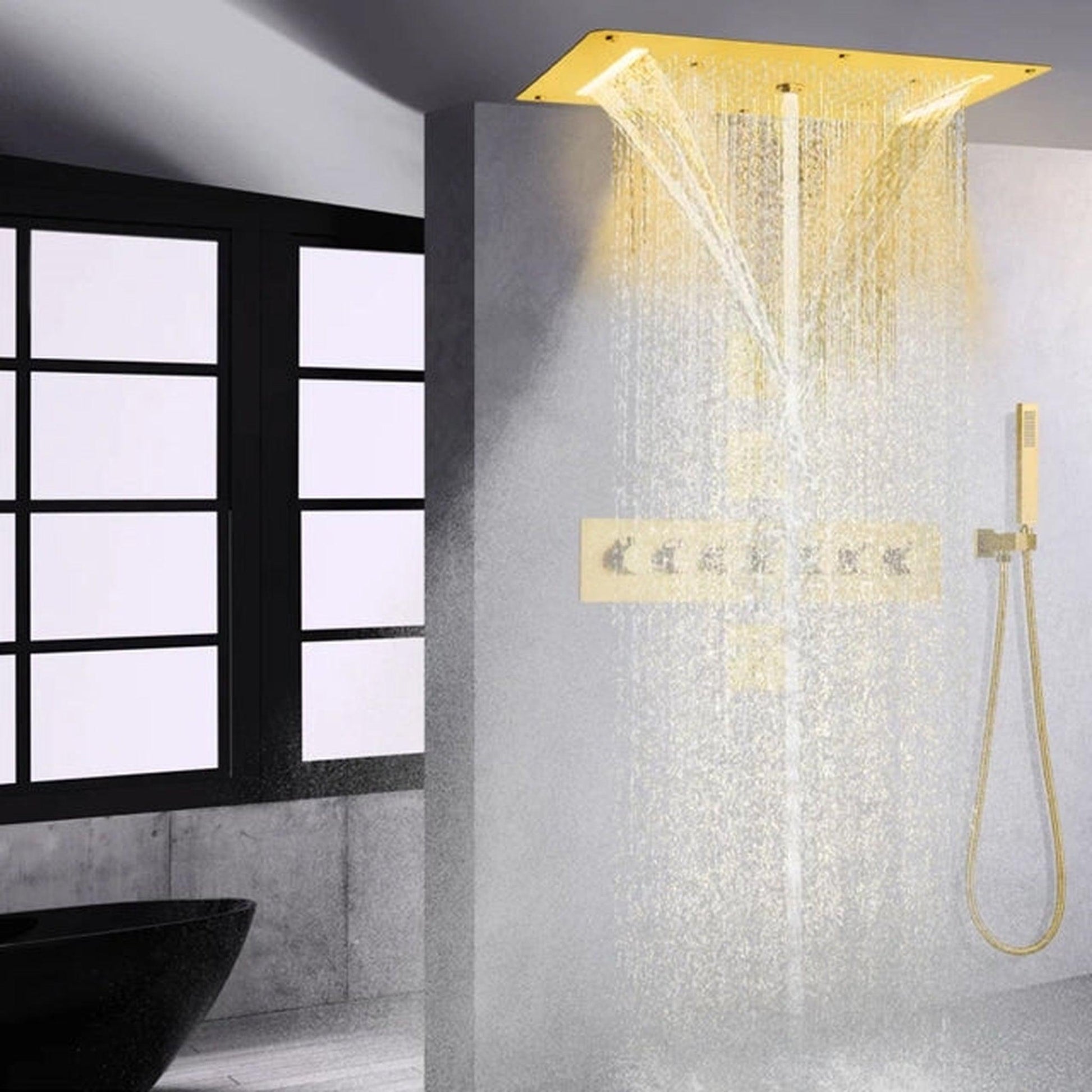 Casoria Brushed Gold Recessed LED Ceiling Mounted Waterfall Mist Rainfall Shower System With Hand Shower and 3-Jet Body Sprays