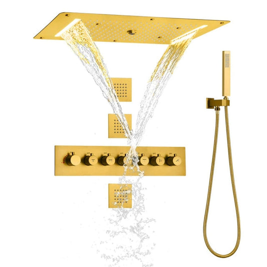 Casoria Brushed Gold Recessed LED Ceiling Mounted Waterfall Mist Rainfall Shower System With Hand Shower and 3-Jet Body Sprays