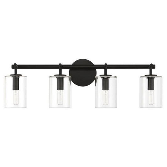 Craftmade Hailie 28" 4-Light Flat Black Vanity Light With Clear Glass Cylinder Shades