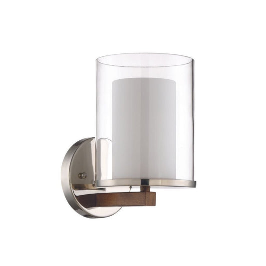 Craftmade Lark 6" x 9" 1-Light Polished Nickel and Whiskey Barrel Wall Sconce With Clear Outer and White Frosted Inner Glass Shades