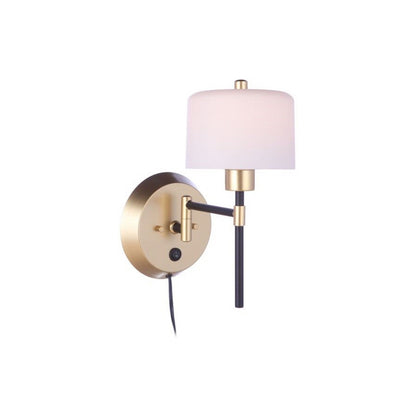 Craftmade Wentworth 7" x 13" 1-Light Flat Black and Sunset Gold Plug-in Swing-Arm Wall Sconce With White Frosted Glass Shade