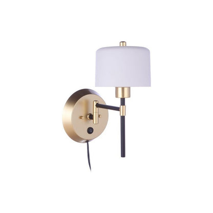 Craftmade Wentworth 7" x 13" 1-Light Flat Black and Sunset Gold Plug-in Swing-Arm Wall Sconce With White Frosted Glass Shade