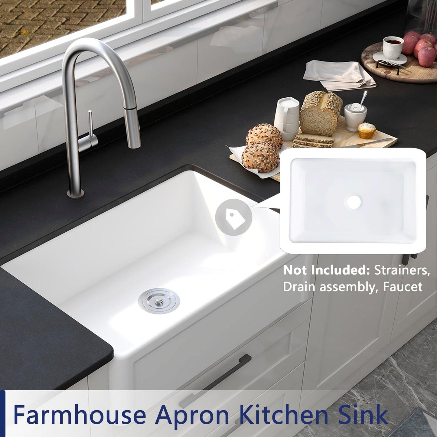 DeerValley DV-1K016 19" x 30" x 10" White Ceramic Farmhouse Single Kitchen Sink With Apron Front Designed