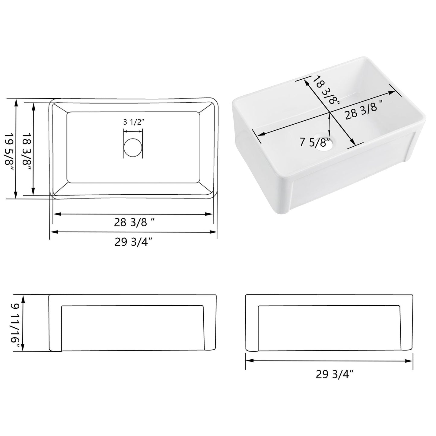 DeerValley DV-1K016 19" x 30" x 10" White Ceramic Farmhouse Single Kitchen Sink With Apron Front Designed