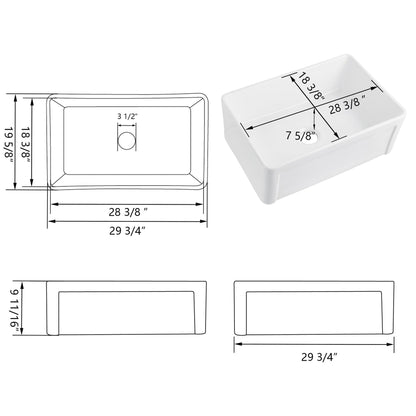 DeerValley DV-1K016 19" x 30" x 10" White Ceramic Farmhouse Single Kitchen Sink With Apron Front Designed