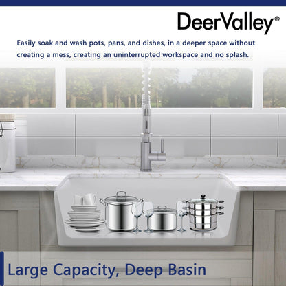 DeerValley DV-1K116 16" x 22" x 8" White Ceramic Farmhouse Single Kitchen Sink With Apron Front Designed
