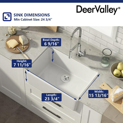 DeerValley DV-1K116 16" x 22" x 8" White Ceramic Farmhouse Single Kitchen Sink With Apron Front Designed