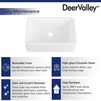 DeerValley DV-1K116 16" x 22" x 8" White Ceramic Farmhouse Single Kitchen Sink With Apron Front Designed