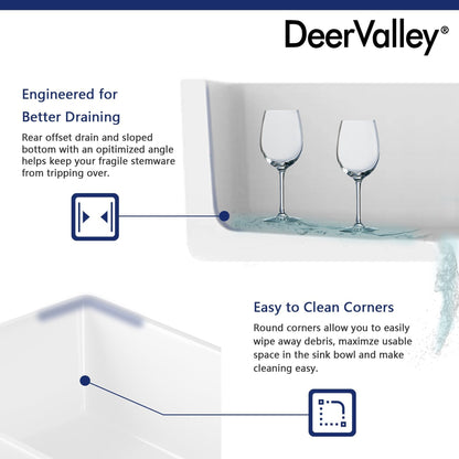 DeerValley DV-1K116 16" x 22" x 8" White Ceramic Farmhouse Single Kitchen Sink With Apron Front Designed