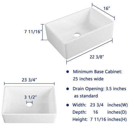 DeerValley DV-1K116 16" x 22" x 8" White Ceramic Farmhouse Single Kitchen Sink With Apron Front Designed