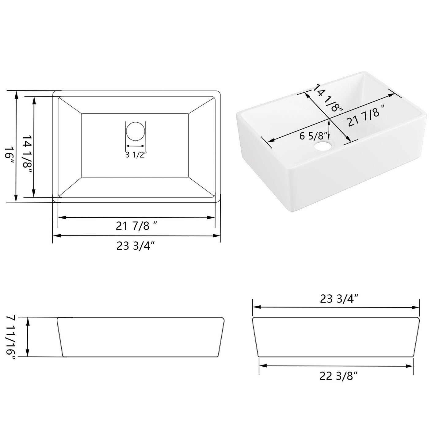 DeerValley DV-1K116 16" x 22" x 8" White Ceramic Farmhouse Single Kitchen Sink With Apron Front Designed