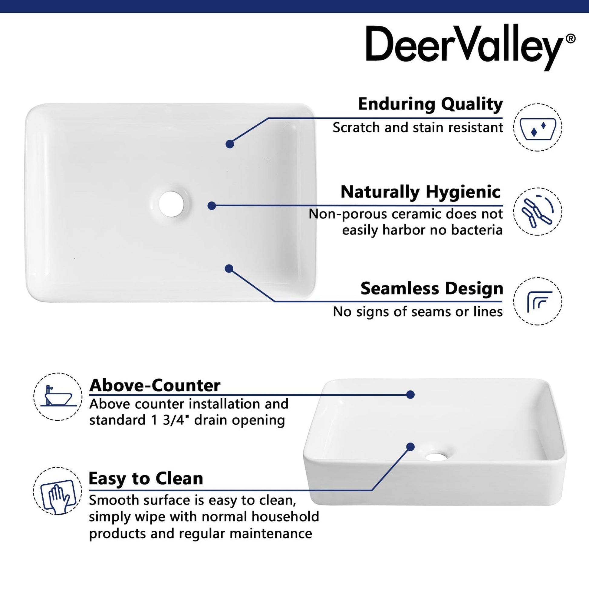 DeerValley DV-1V032 14" x 20" x 4" White Rectangular Ceramic Vessel Sink