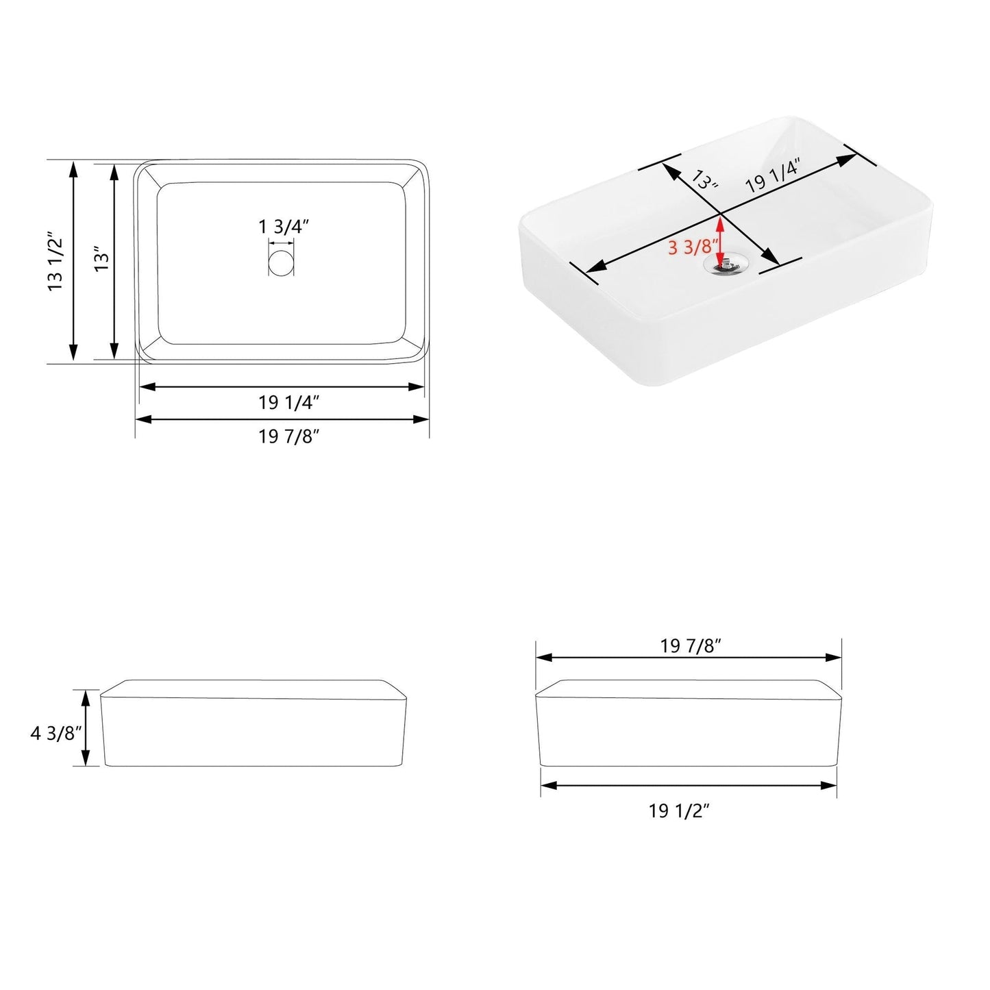 DeerValley DV-1V032 14" x 20" x 4" White Rectangular Ceramic Vessel Sink