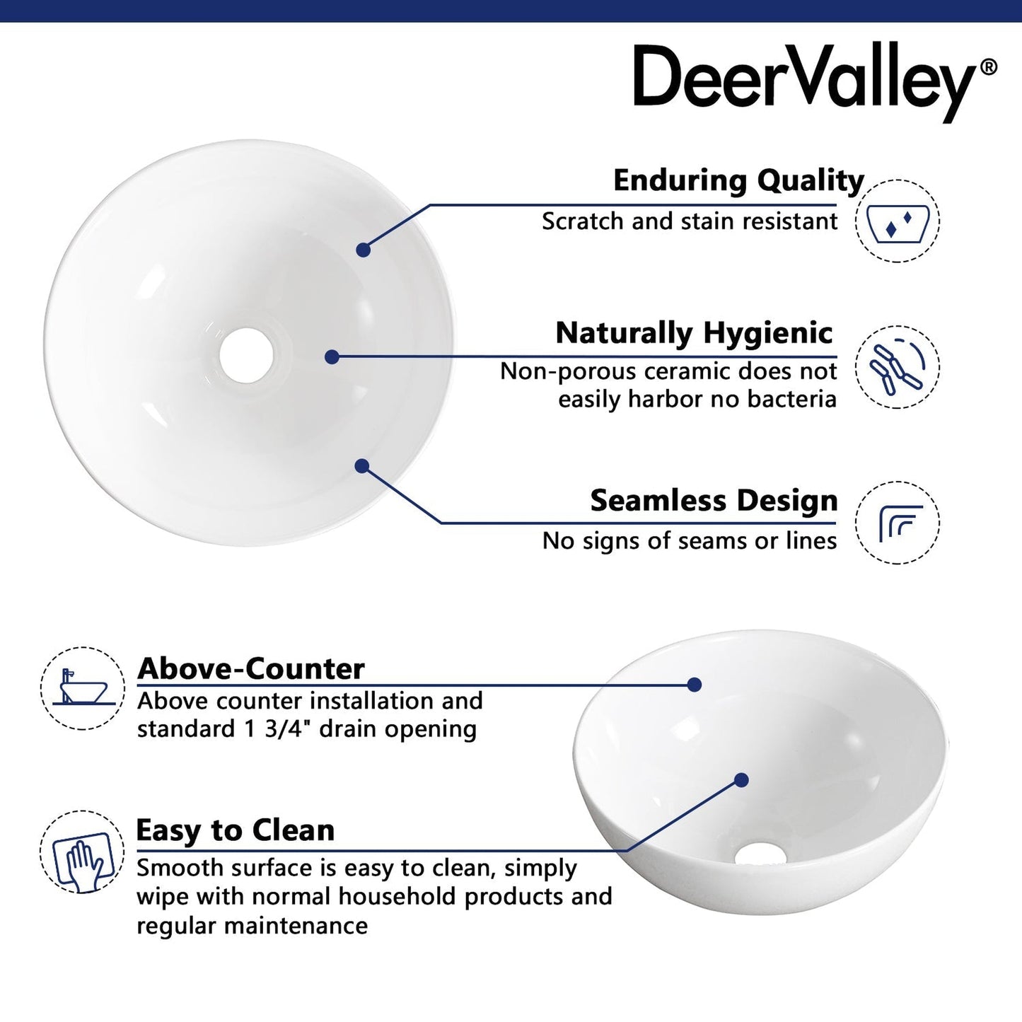 DeerValley DV-1V061 13" x 13" x 5.5" White Round Ceramic Vessel Sink