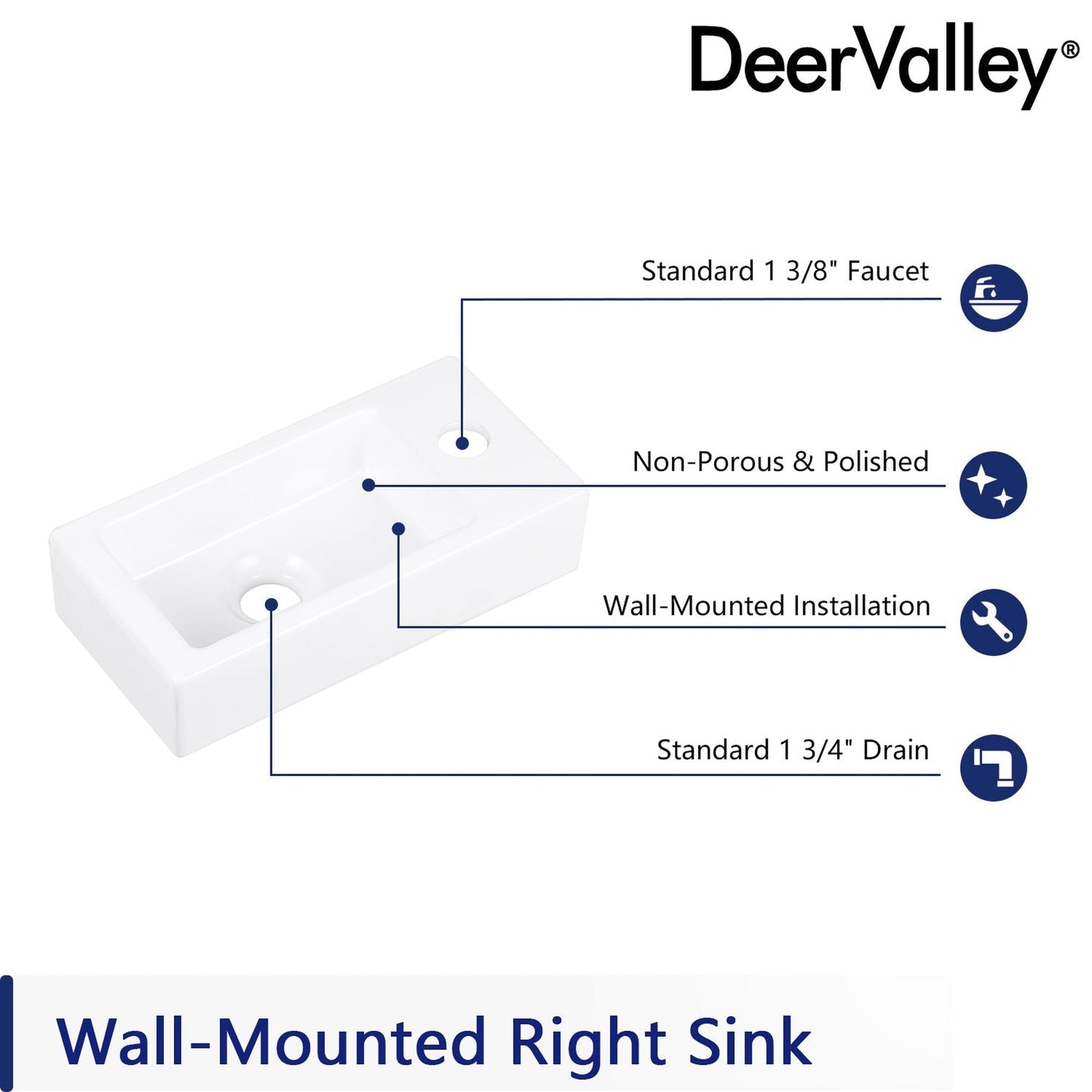 DeerValley DV-1V081R 7" x 15" x 4" White Rectangular Ceramic Wall-Mount Sink With Right Hand Single Faucet Drilling