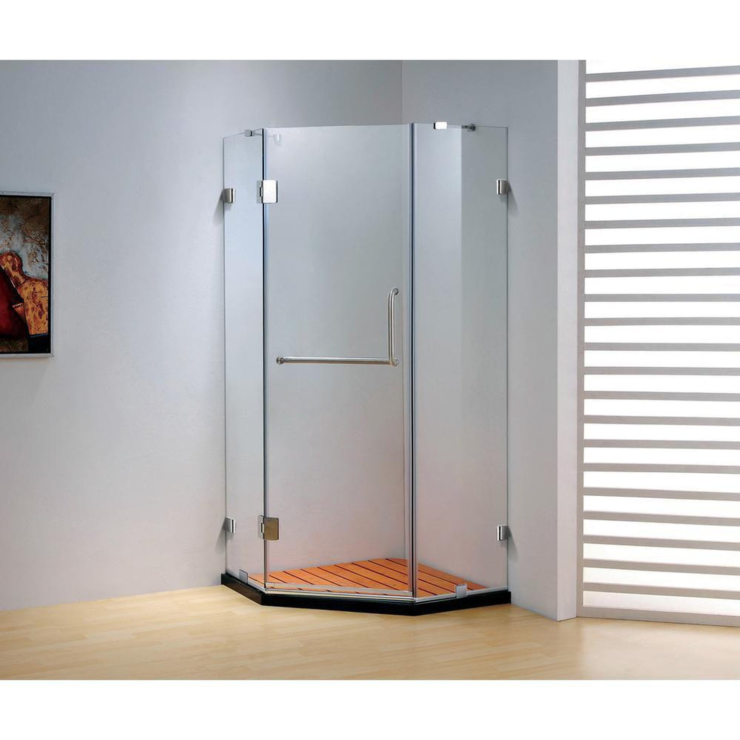 DreamWerks Frameless Clear Neo-Angle Hinged Shower Door in Chrome with Handle