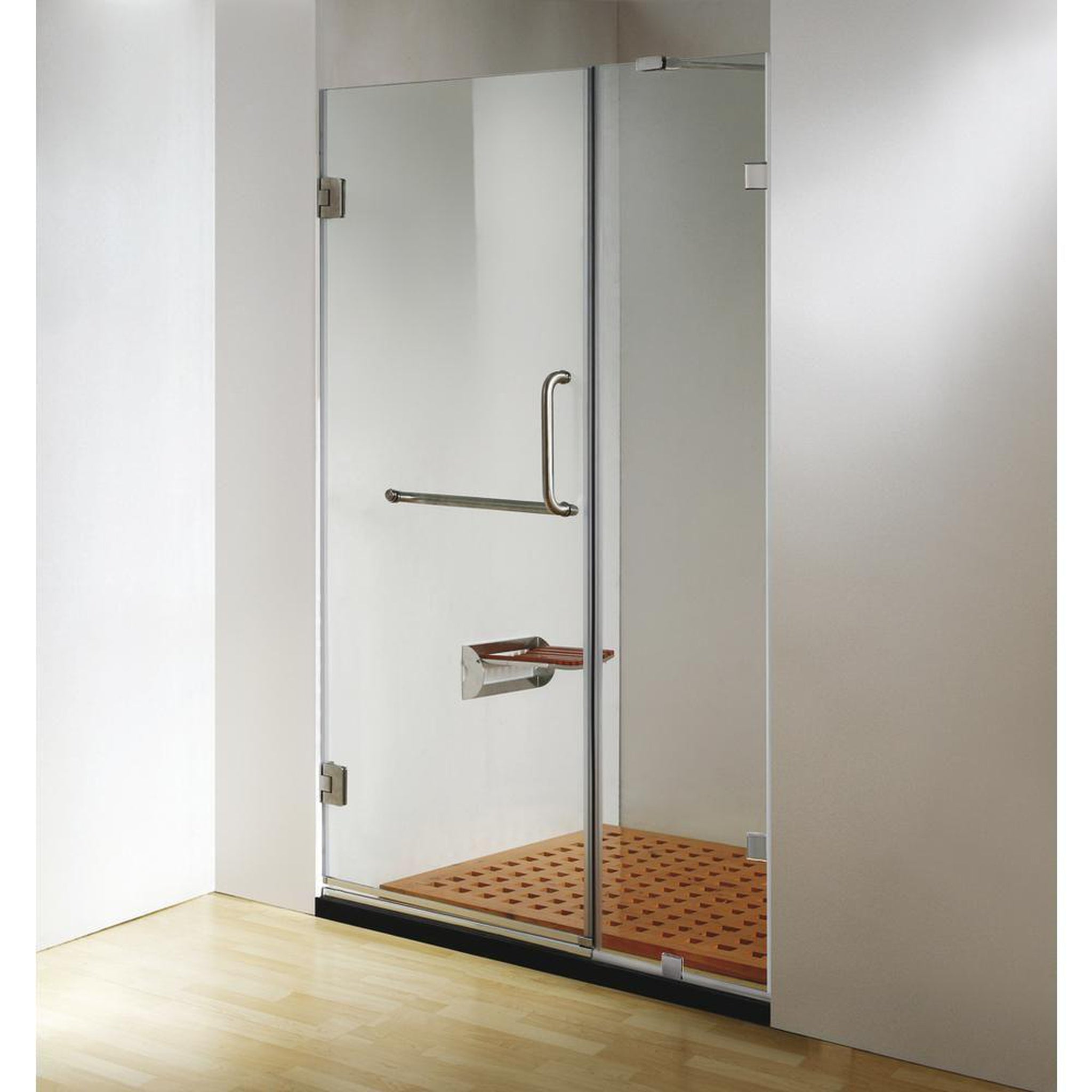 Dreamwerks Frameless Hinged Clear Glass Shower Door with Handle and Towel Bar in Chrome