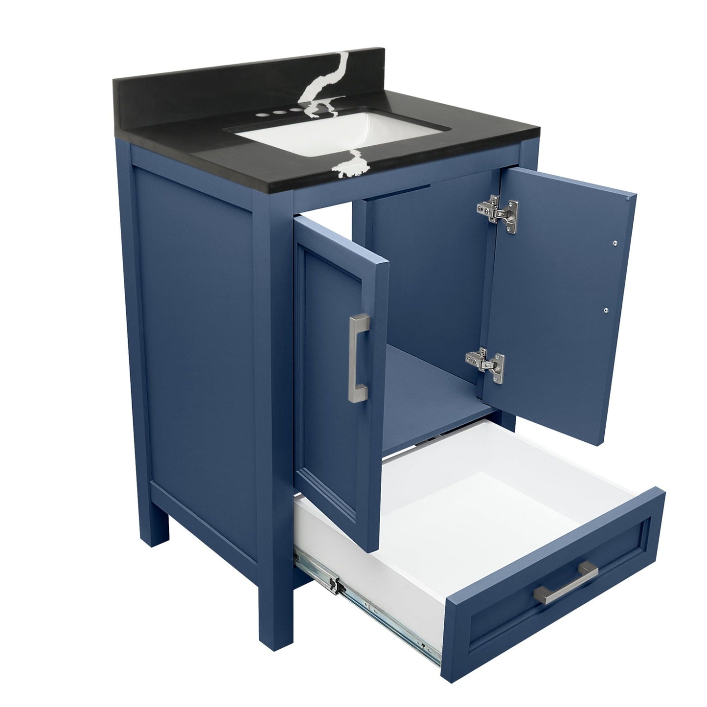 Ella’s Bubbles Nevado 25" Navy Blue Bathroom Vanity With Calacatta Black Quartz Stone Top With Backsplash and Sink