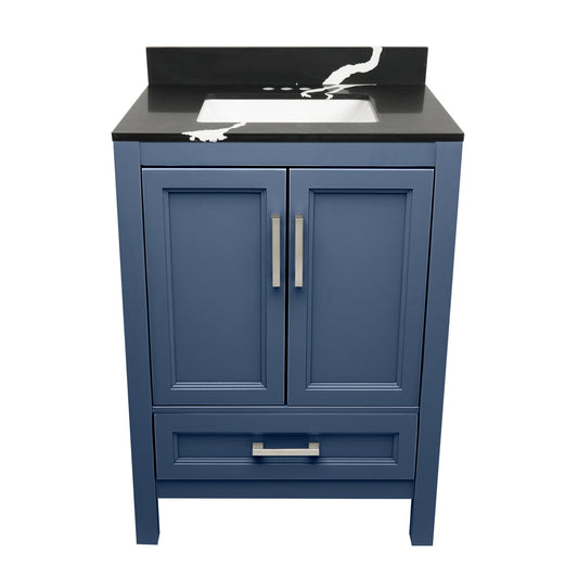 Ella’s Bubbles Nevado 25" Navy Blue Bathroom Vanity With Calacatta Black Quartz Stone Top With Backsplash and Sink