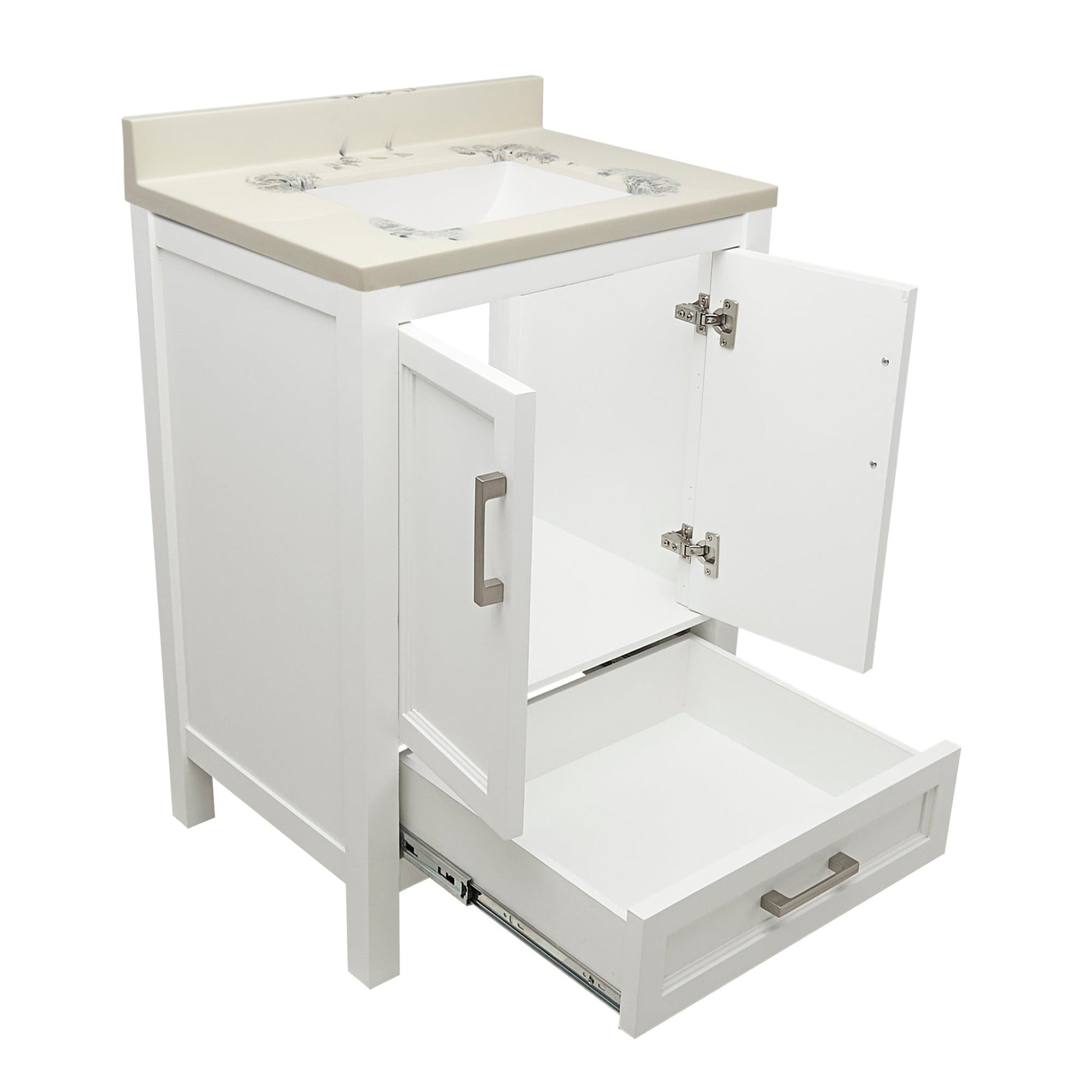 Ella’s Bubbles Nevado 25" White Bathroom Vanity With Carrara White Cultured Marble Top With Backsplash and Sink