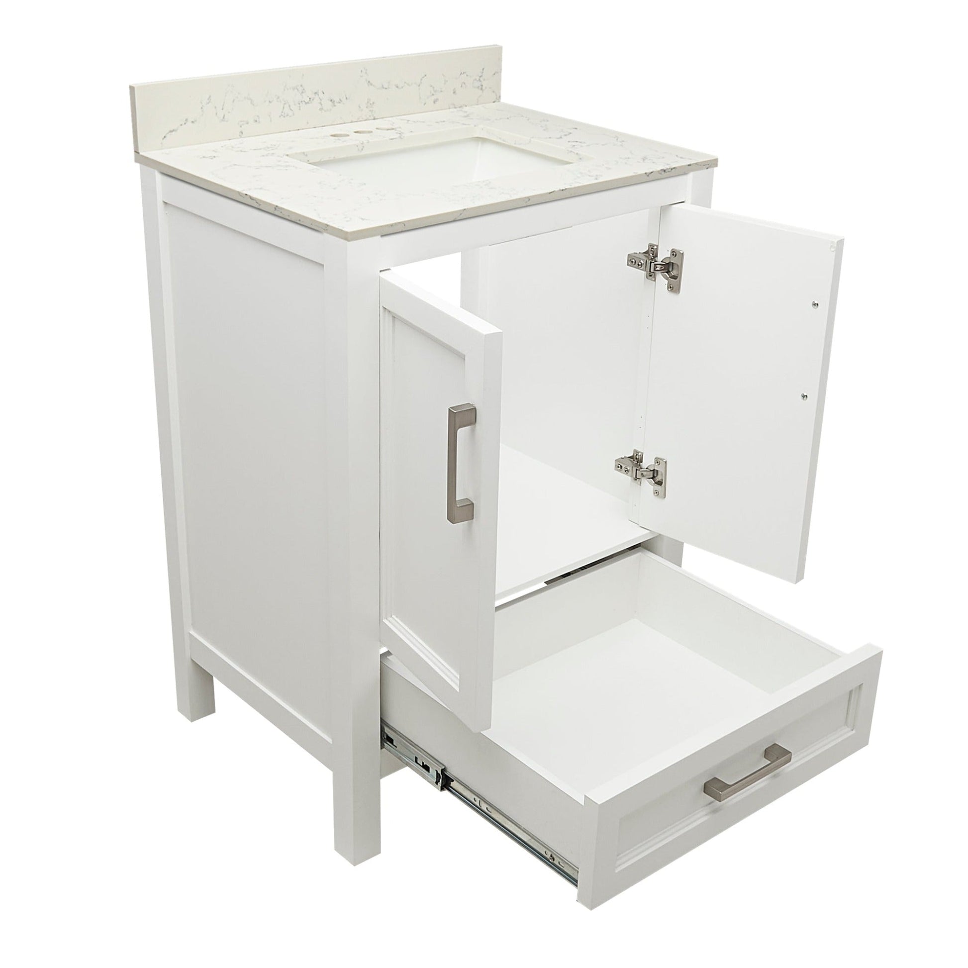 Ella’s Bubbles Nevado 25" White Bathroom Vanity With Lyra White Quartz Stone Top With Backsplash and Sink