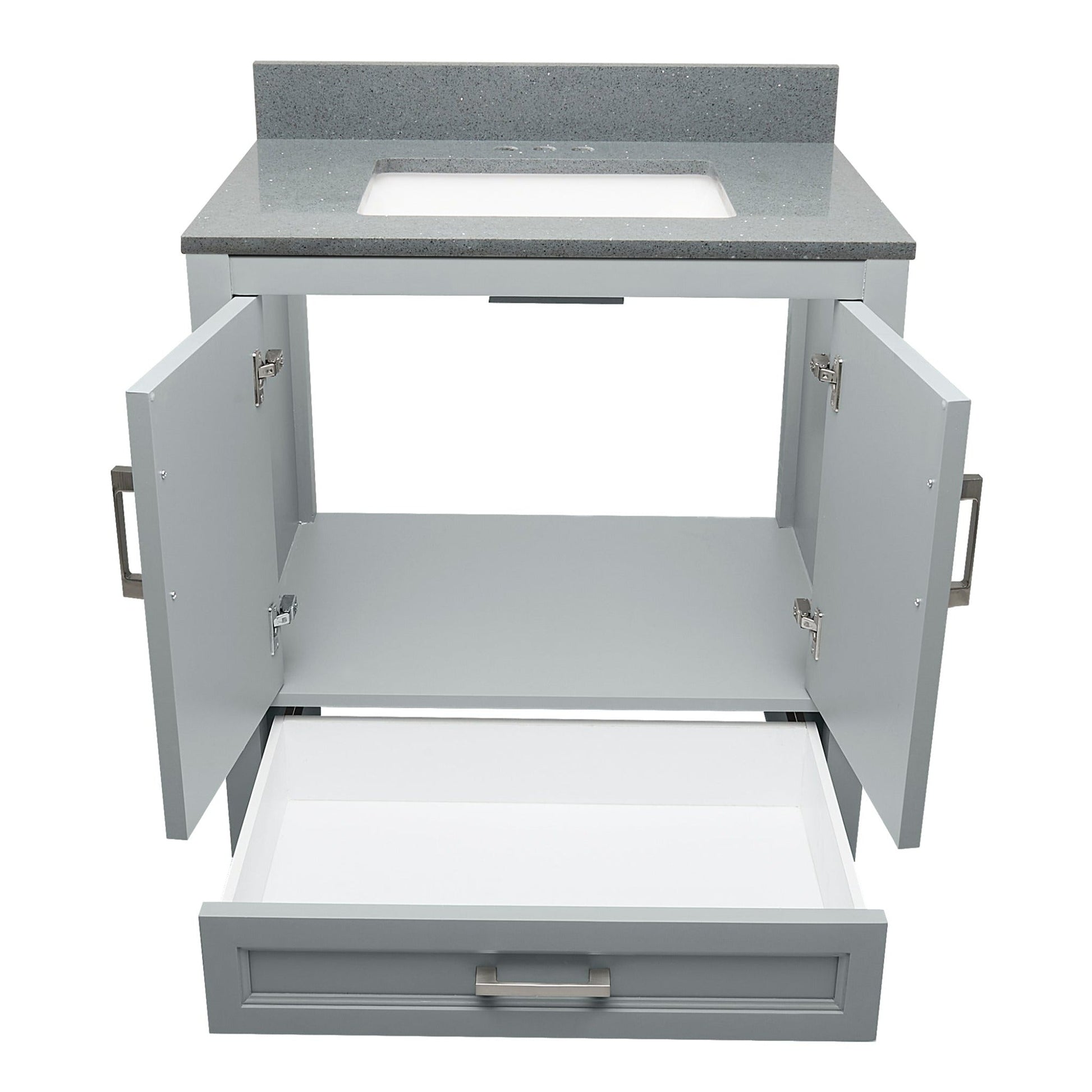 Ella’s Bubbles Nevado 31" Gray Bathroom Vanity With Galaxy Gray Quartz Stone Top With Backsplash and Sink