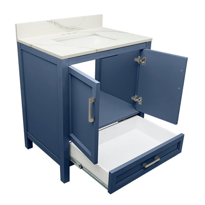 Ella’s Bubbles Nevado 31" Navy Blue Bathroom Vanity With Calacatta White Quartz Stone Top With Backsplash and Sink