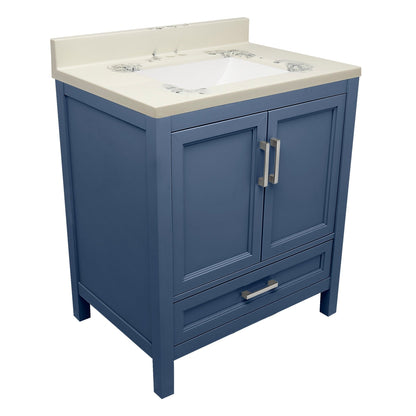 Ella’s Bubbles Nevado 31" Navy Blue Bathroom Vanity With Carrara White Cultured Marble Top With Backsplash and Sink