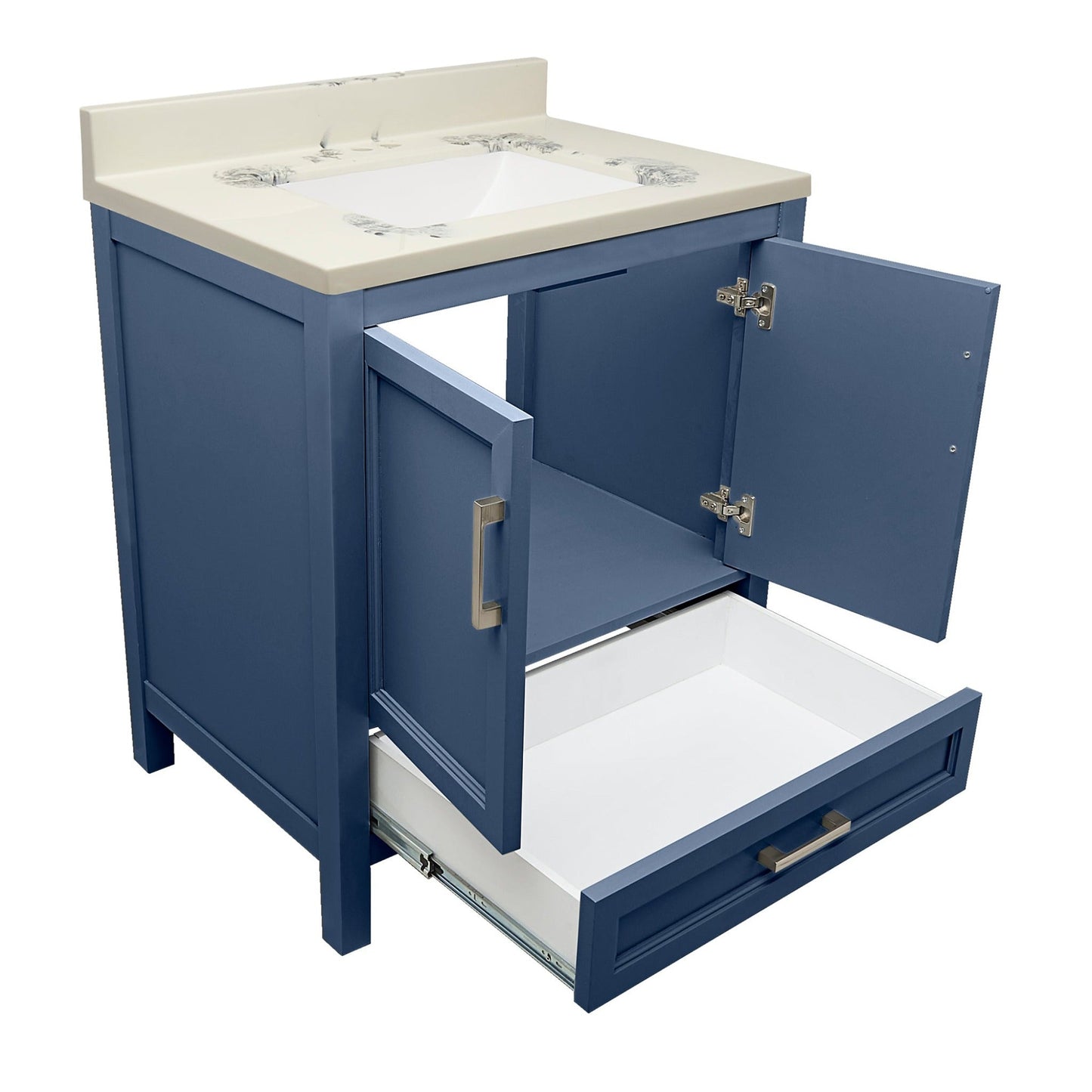 Ella’s Bubbles Nevado 31" Navy Blue Bathroom Vanity With Carrara White Cultured Marble Top With Backsplash and Sink