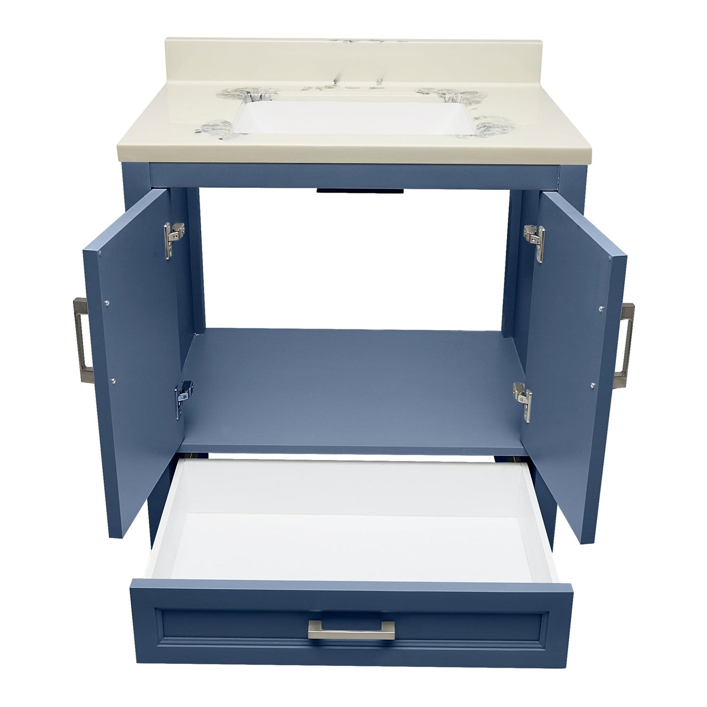 Ella’s Bubbles Nevado 31" Navy Blue Bathroom Vanity With Carrara White Cultured Marble Top With Backsplash and Sink