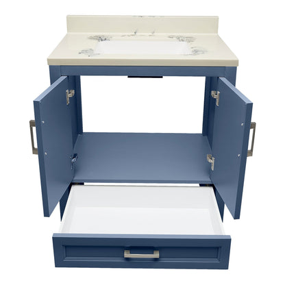 Ella’s Bubbles Nevado 31" Navy Blue Bathroom Vanity With Carrara White Cultured Marble Top With Backsplash and Sink