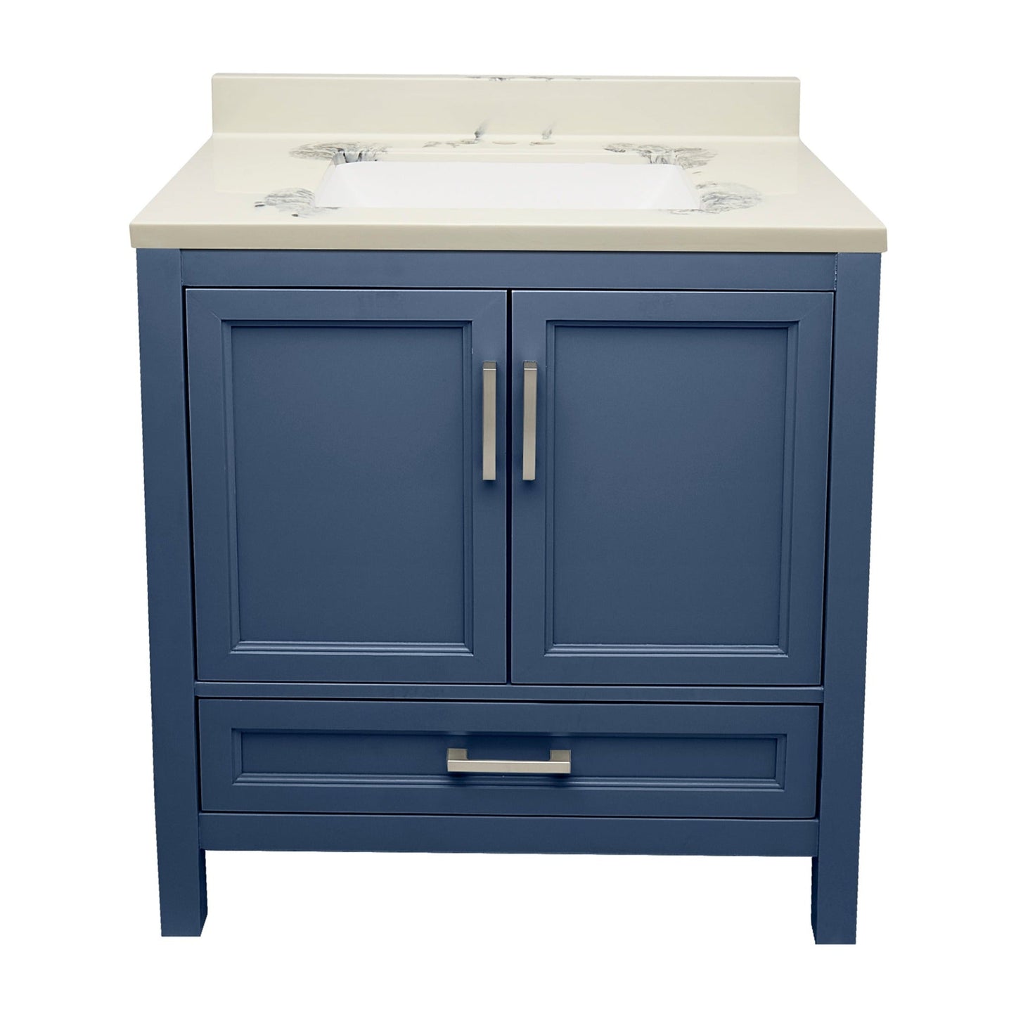 Ella’s Bubbles Nevado 31" Navy Blue Bathroom Vanity With Carrara White Cultured Marble Top With Backsplash and Sink