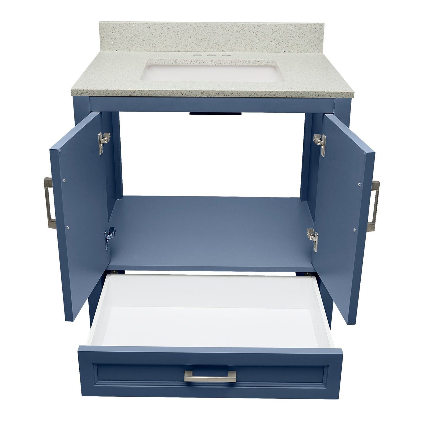 Ella’s Bubbles Nevado 31" Navy Blue Bathroom Vanity With Galaxy White Quartz Stone Top With Backsplash and Sink